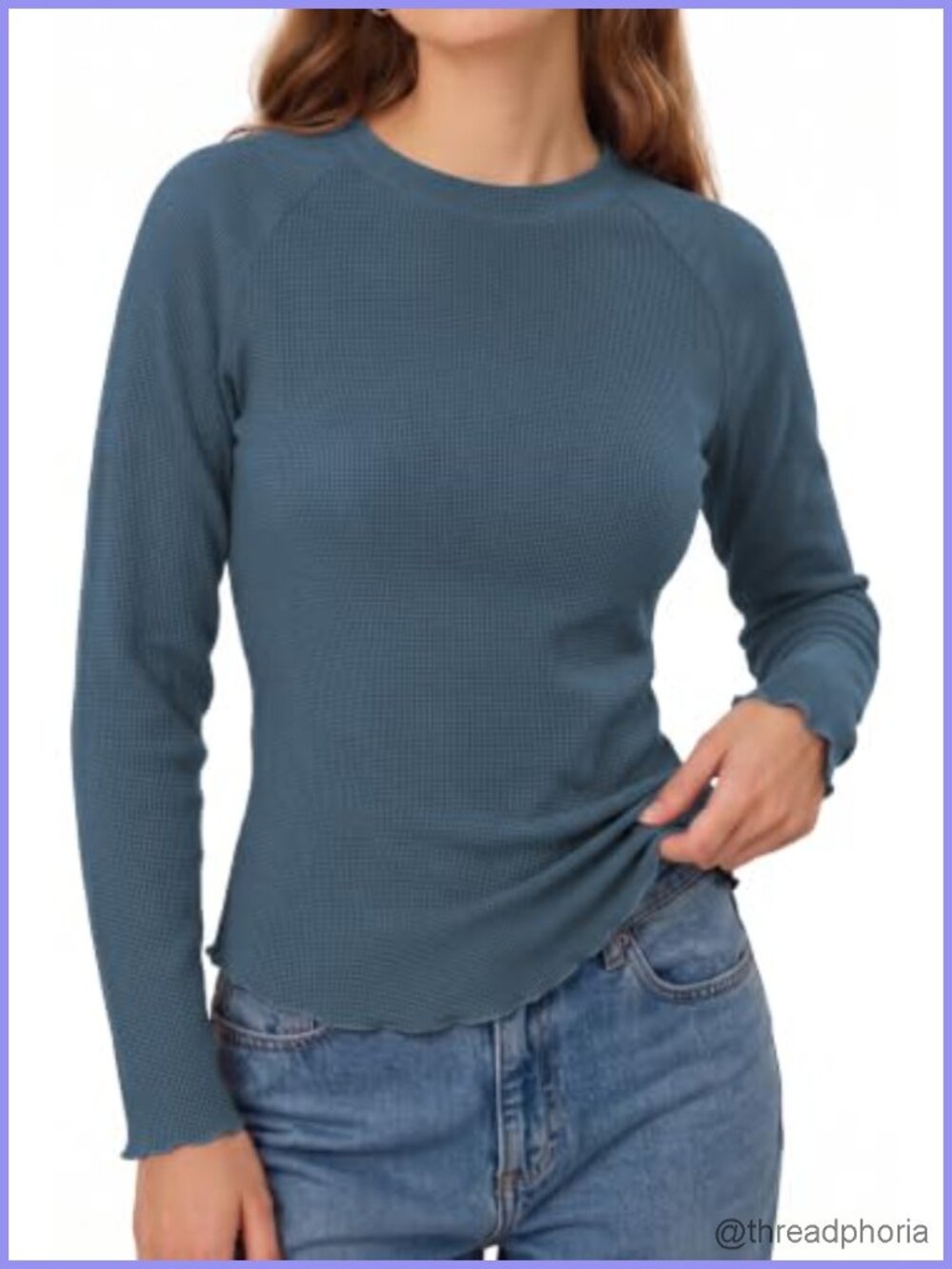 Women Waffle Knit Long Sleeve Tee Crew Neck Raglan Lettuce Trim Relaxed Fit